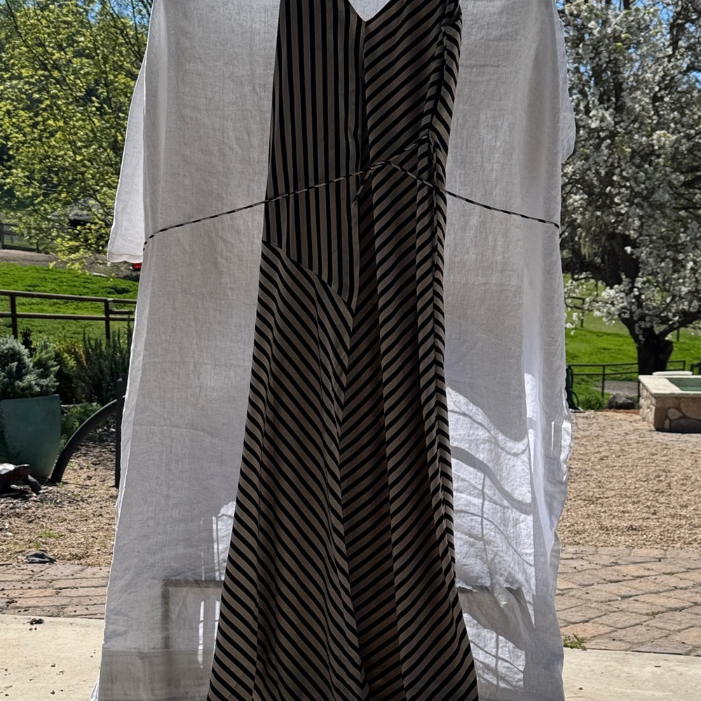 Black and Taupe Striped V-Neck Maxi Dress - Women